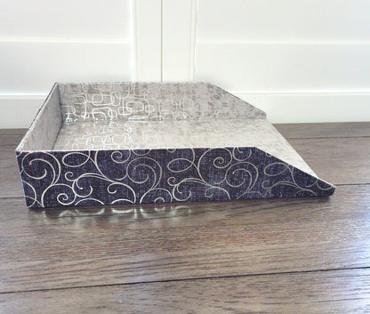 Letter Tray, Fabric-Covered Office or Work Desk Decor Paper Tray, Black and Gray w/Silver Foil Swirls - Chic Brico