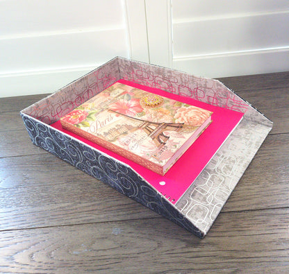 Letter Tray, Fabric-Covered Office or Work Desk Decor Paper Tray, Black and Gray w/Silver Foil Swirls - Chic Brico