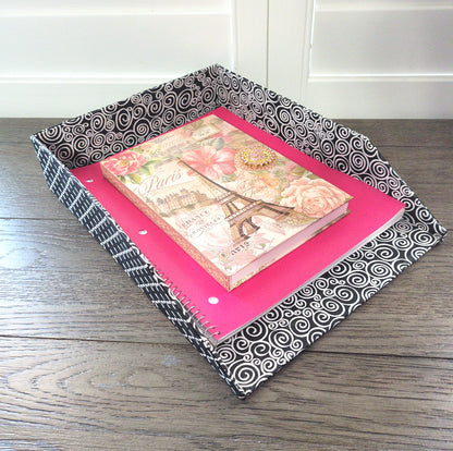 Letter Tray, Fabric-Covered Office or Work Desk Decor Paper Tray, Black and White Diamonds & Swirls - Chic Brico