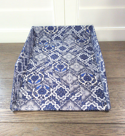 Letter Tray, Fabric-Covered Office or Work Desk Decor Paper Tray, White and Delft Style Blue Tiles - Chic Brico