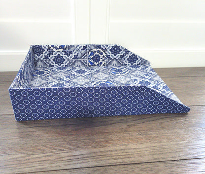 Letter Tray, Fabric-Covered Office or Work Desk Decor Paper Tray, White and Delft Style Blue Tiles - Chic Brico