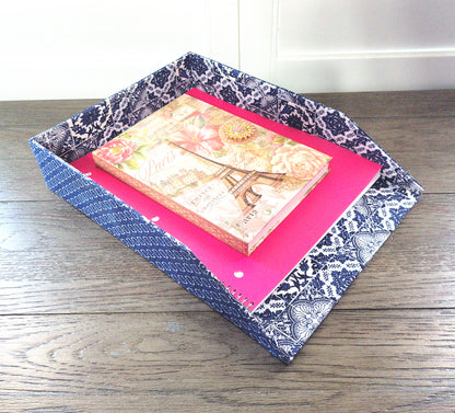 Letter Tray, Fabric-Covered Office or Work Desk Decor Paper Tray, White and Delft Style Blue Tiles - Chic Brico