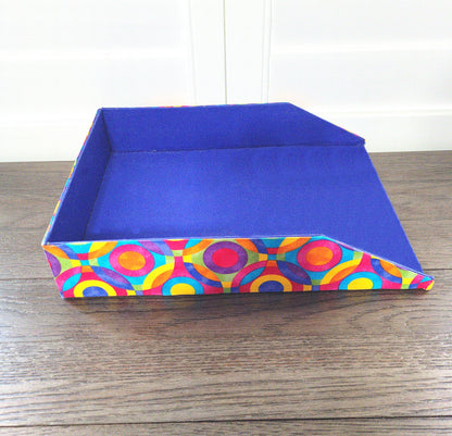 Letter Tray, Fabric-Covered Office or Work Desk Decor Paper Tray, Bright Rainbow Circles - Chic Brico