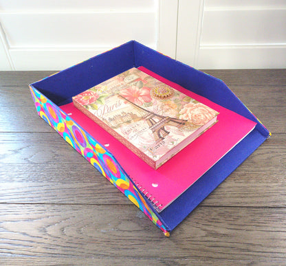 Letter Tray, Fabric-Covered Office or Work Desk Decor Paper Tray, Bright Rainbow Circles - Chic Brico