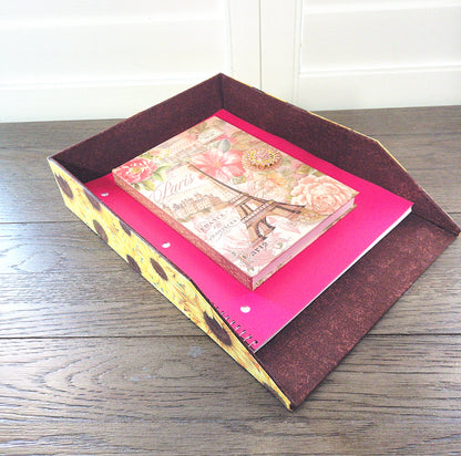 Letter Tray, Fabric-Covered Office or Work Desk Decor Paper Tray, Happy Sunflowers - Chic Brico