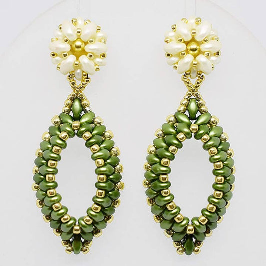 Olive Green, Ivory and Gold Two-Layer Oval Hoop Drop Earrings - Chic Brico