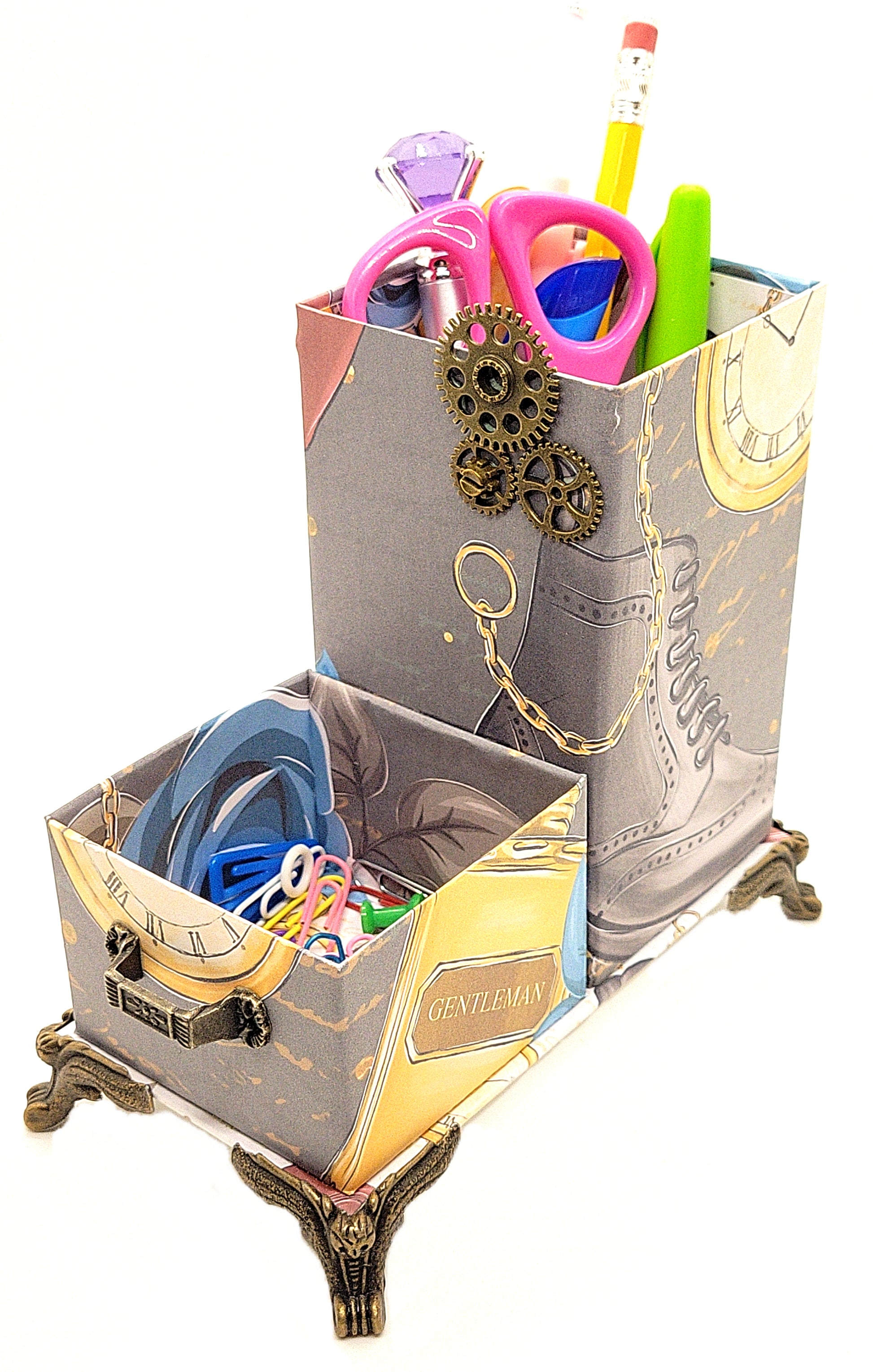 Office Desktop Organizer for Him for Pens and Clips w/Metal Gears Accent - Gentleman Rules in Gray - Chic Brico