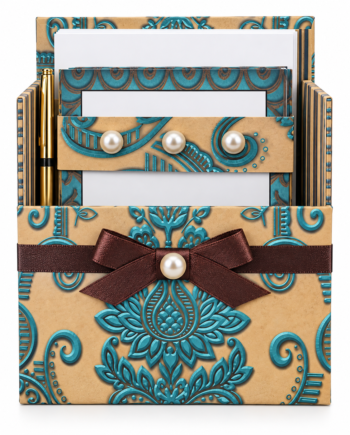 Antique Turquoise Boxed Stationery Set - 20 Notecards, 20 Envelopes & Gold Pen