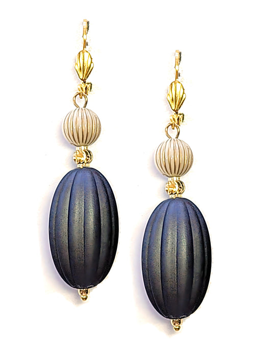 Dark Gray, Ivory and Gold Puffed Oval Dangle Silicone Statement Earrings - Chic Brico