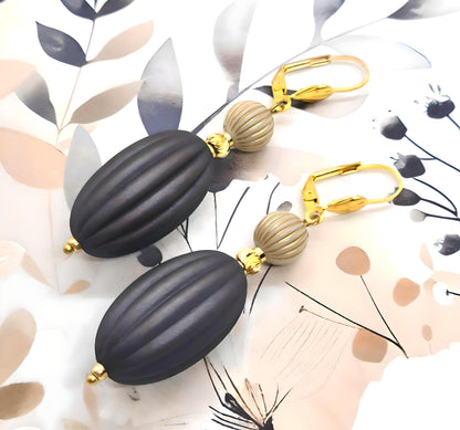 Dark Gray, Ivory and Gold Puffed Oval Dangle Silicone Statement Earrings - Chic Brico