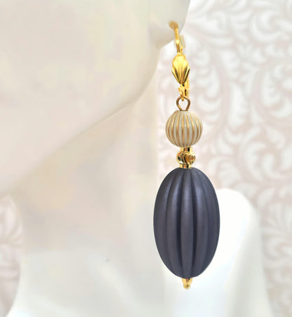 Dark Gray, Ivory and Gold Puffed Oval Dangle Silicone Statement Earrings - Chic Brico