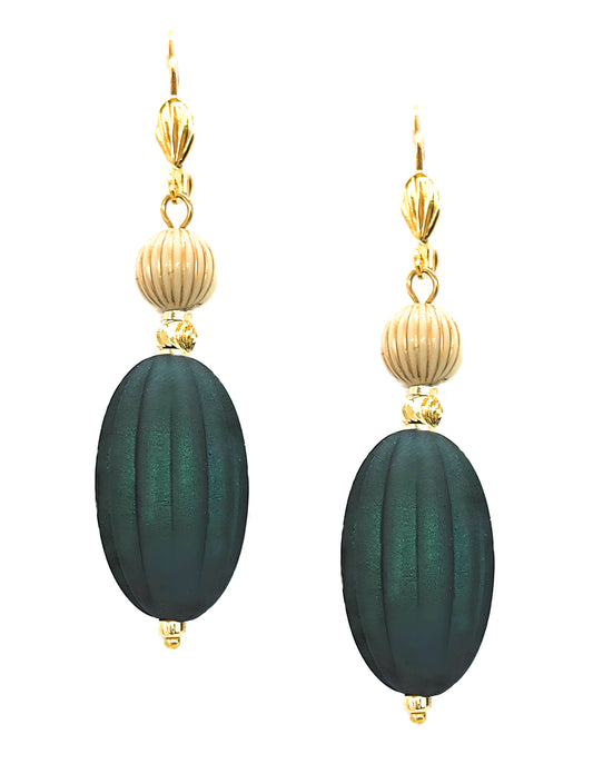 Emerald Green, Ivory and Gold Puffed Oval Dangle Silicone Statement Earrings - Chic Brico