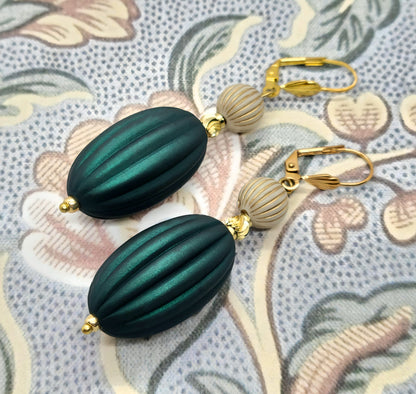 Emerald Green, Ivory and Gold Puffed Oval Dangle Silicone Statement Earrings - Chic Brico