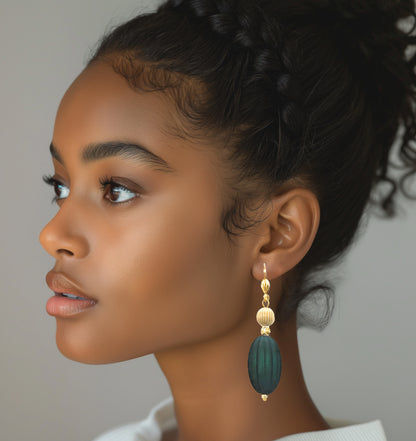 Emerald Green, Ivory and Gold Puffed Oval Dangle Silicone Statement Earrings - Chic Brico