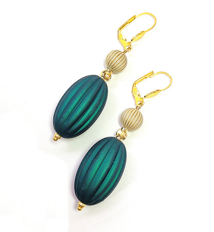 Emerald Green, Ivory and Gold Puffed Oval Dangle Silicone Statement Earrings - Chic Brico