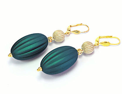 Emerald Green, Ivory and Gold Puffed Oval Dangle Silicone Statement Earrings - Chic Brico