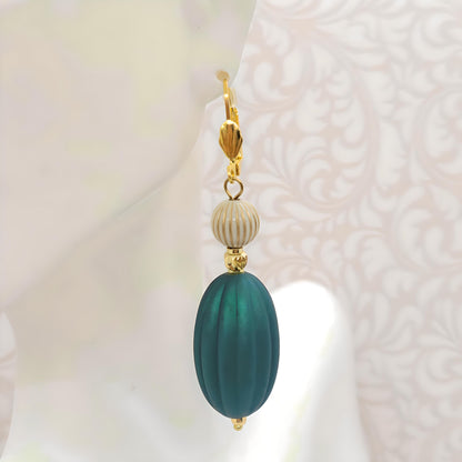 Emerald Green, Ivory and Gold Puffed Oval Dangle Silicone Statement Earrings - Chic Brico