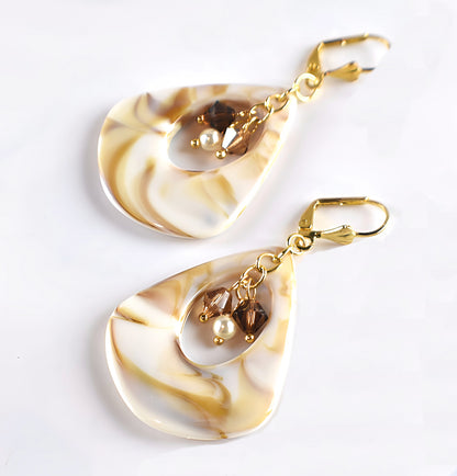 Ivory Shell Swirl Austrian Crystal and Pearl Triangle Teardrop Dangle Earrings - Chic Brico