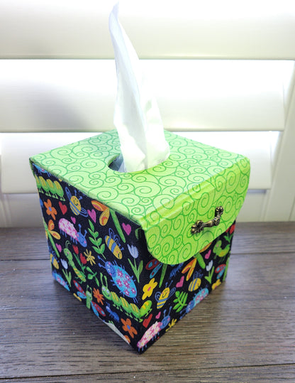 Fabric Covered Tissue Box Holder, Kid's Bedroom Decor, Neon Green and Cute Bugs - Chic Brico