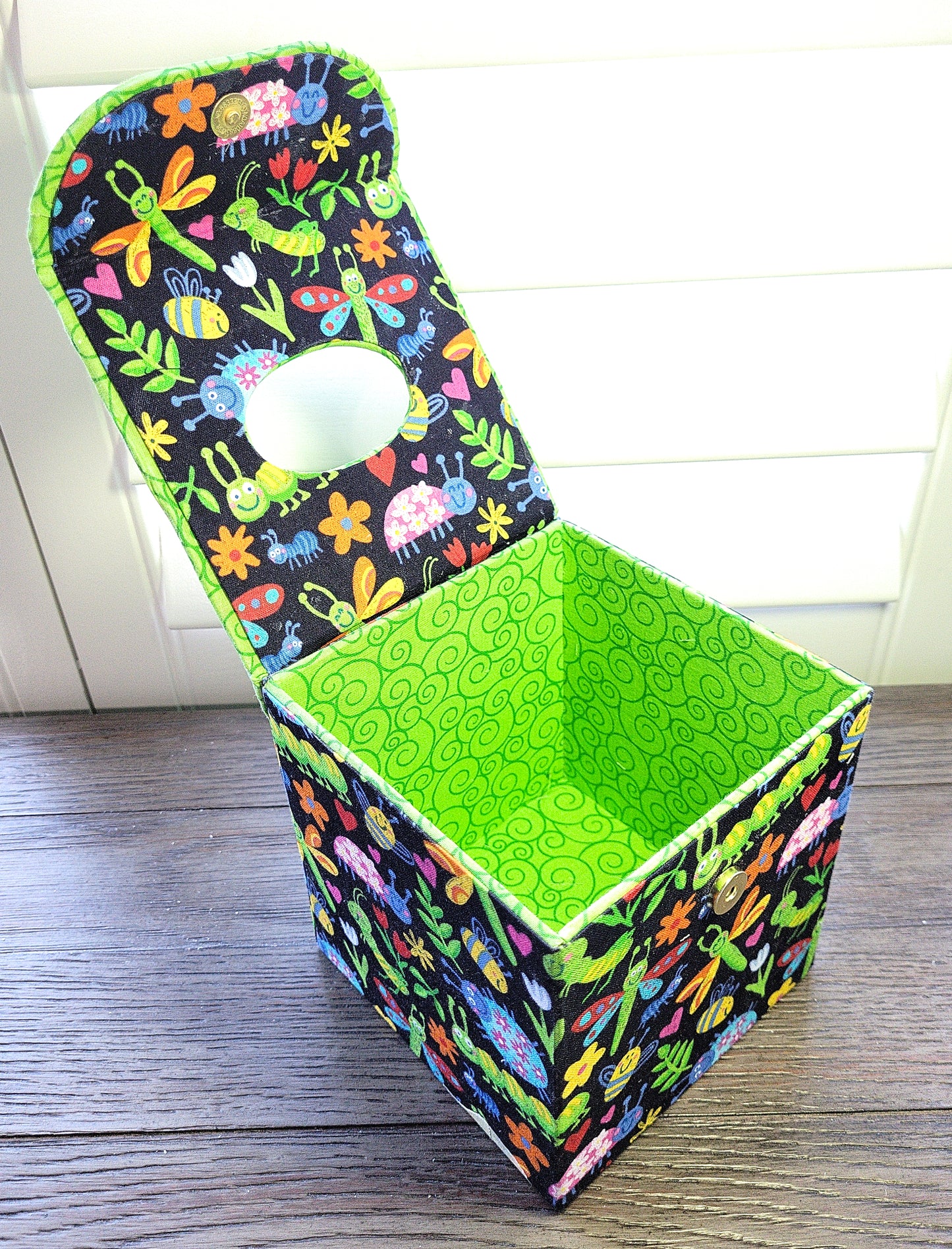 Fabric Covered Tissue Box Holder, Kid's Bedroom Decor, Neon Green and Cute Bugs
