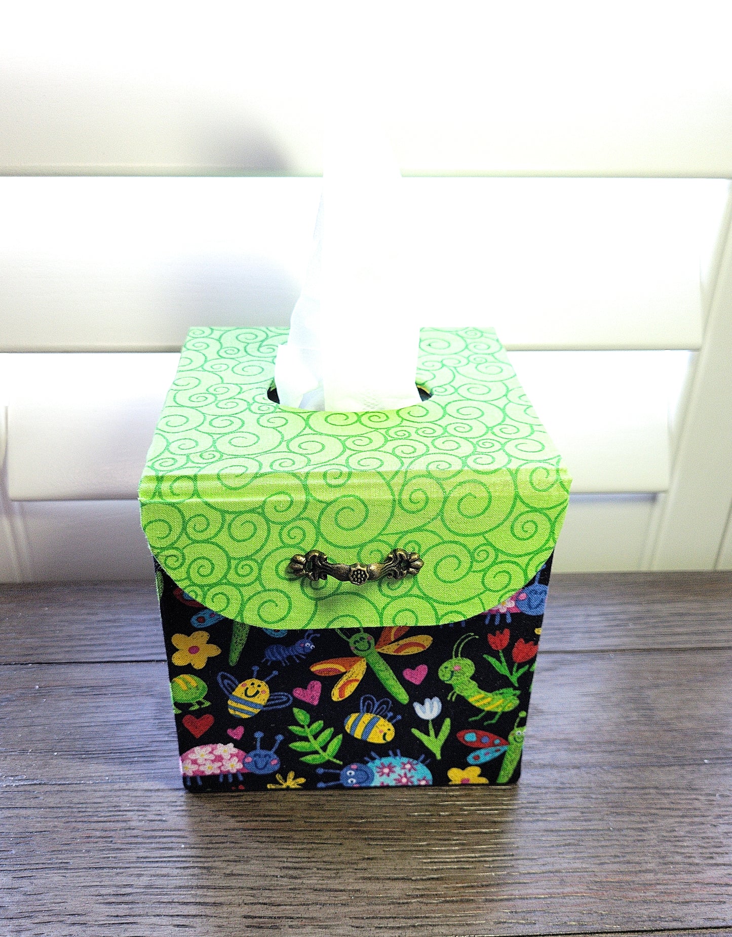 Fabric Covered Tissue Box Holder, Kid's Bedroom Decor, Neon Green and Cute Bugs