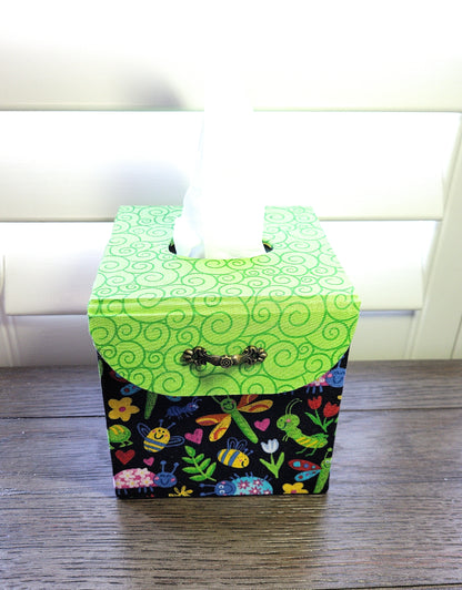 Fabric Covered Tissue Box Holder, Kid's Bedroom Decor, Neon Green and Cute Bugs - Chic Brico