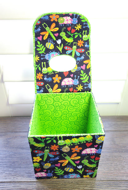 Fabric Covered Tissue Box Holder, Kid's Bedroom Decor, Neon Green and Cute Bugs - Chic Brico