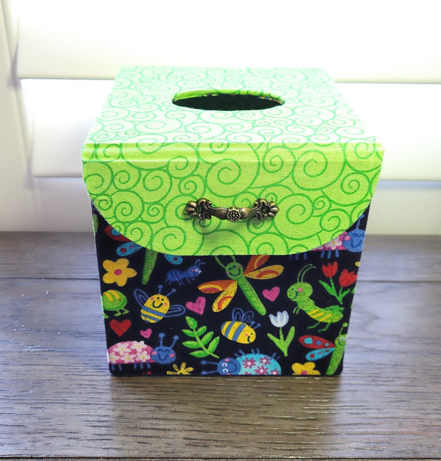 Fabric Covered Tissue Box Holder, Kid's Bedroom Decor, Neon Green and Cute Bugs