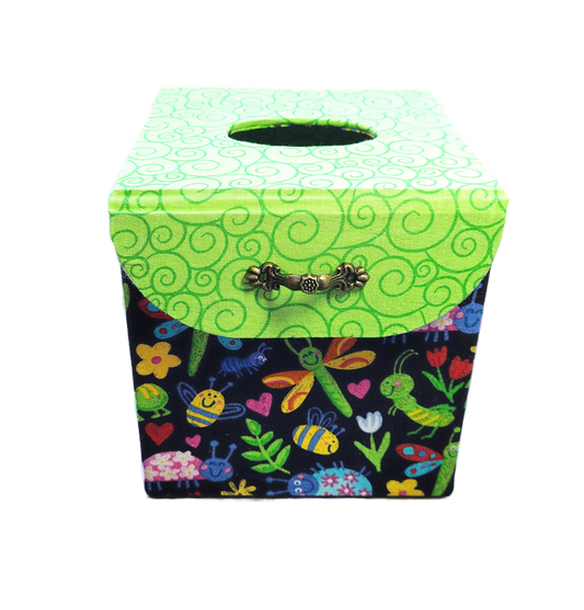 Fabric Covered Tissue Box Holder, Kid's Bedroom Decor, Neon Green and Cute Bugs - Chic Brico