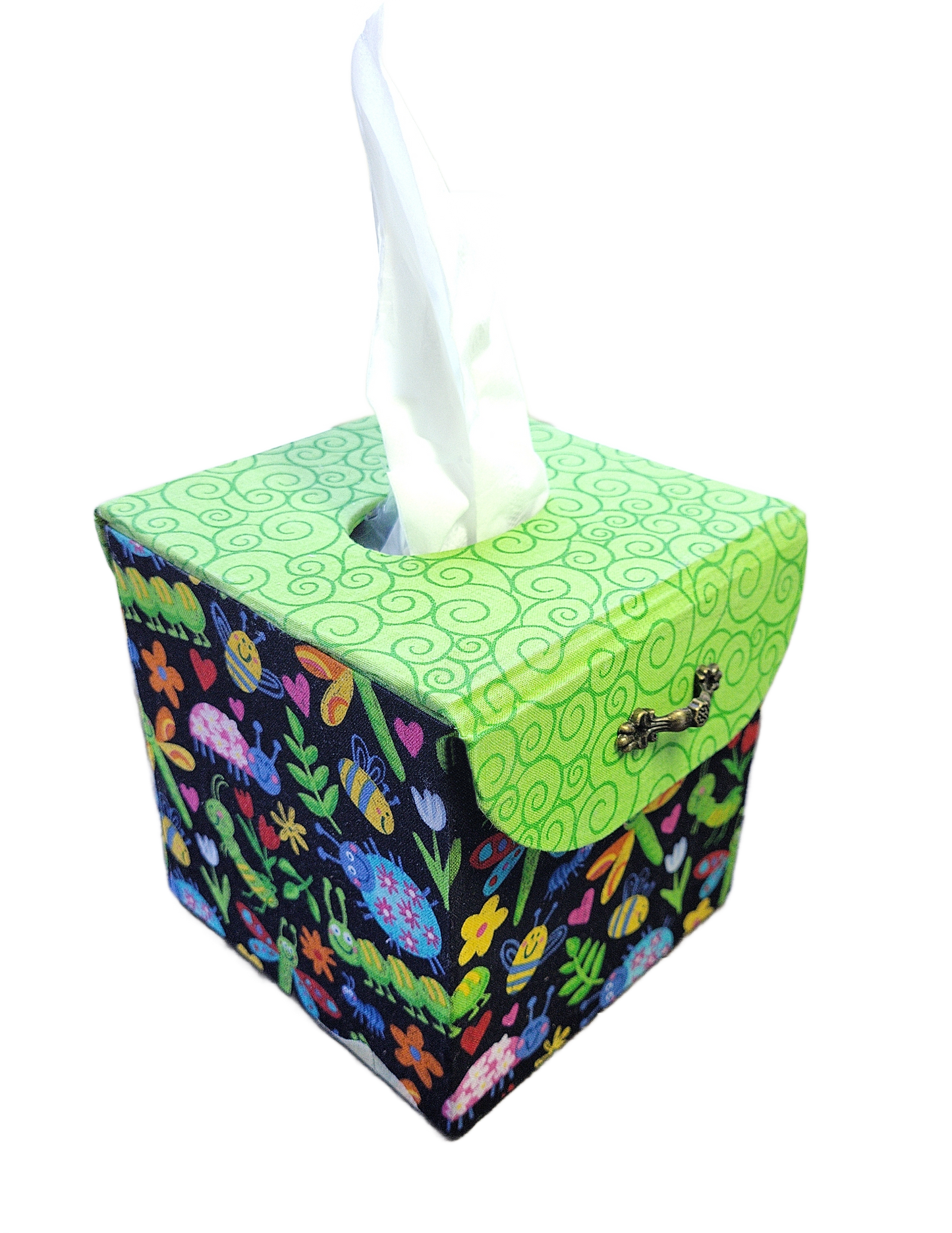 Fabric Covered Tissue Box Holder, Kid's Bedroom Decor, Neon Green and Cute Bugs