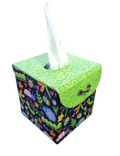 Fabric Covered Tissue Box Holder, Kid's Bedroom Decor, Neon Green and Cute Bugs - Chic Brico