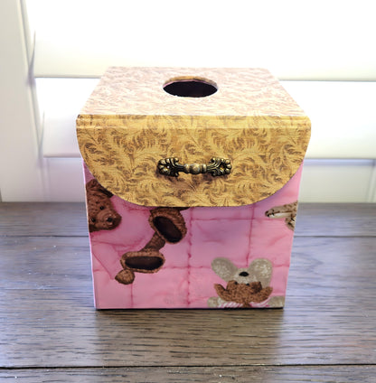 Fabric Covered Tissue Box Holder, Kid's Bedroom Decor, Pink and Brown Teddy Bears - Chic Brico