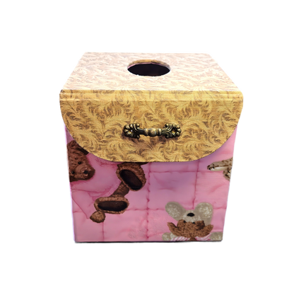 Fabric Covered Tissue Box Holder, Kid's Bedroom Decor, Pink and Brown Teddy Bears - Chic Brico