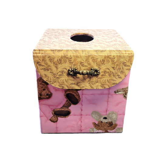 Fabric Covered Tissue Box Holder, Kid's Bedroom Decor, Pink and Brown Teddy Bears - Chic Brico