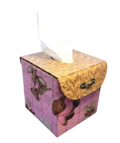 Fabric Covered Tissue Box Holder, Kid's Bedroom Decor, Pink and Brown Teddy Bears - Chic Brico