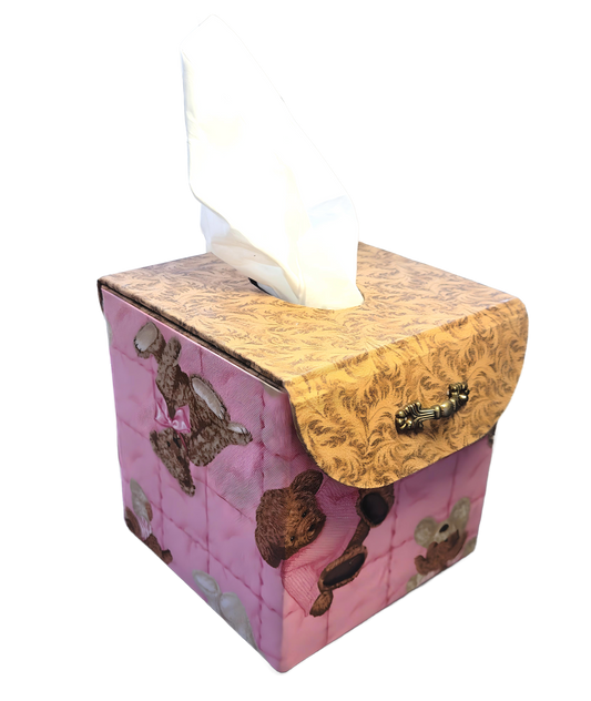 Fabric Covered Tissue Box Holder, Kid's Bedroom Decor, Pink and Brown Teddy Bears - Chic Brico