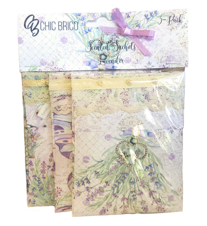 Pearls & Lace Lavender Scented Drawer, Closet & Car Sachets, Large Size 4" x 5", 3-Pack - Chic Brico