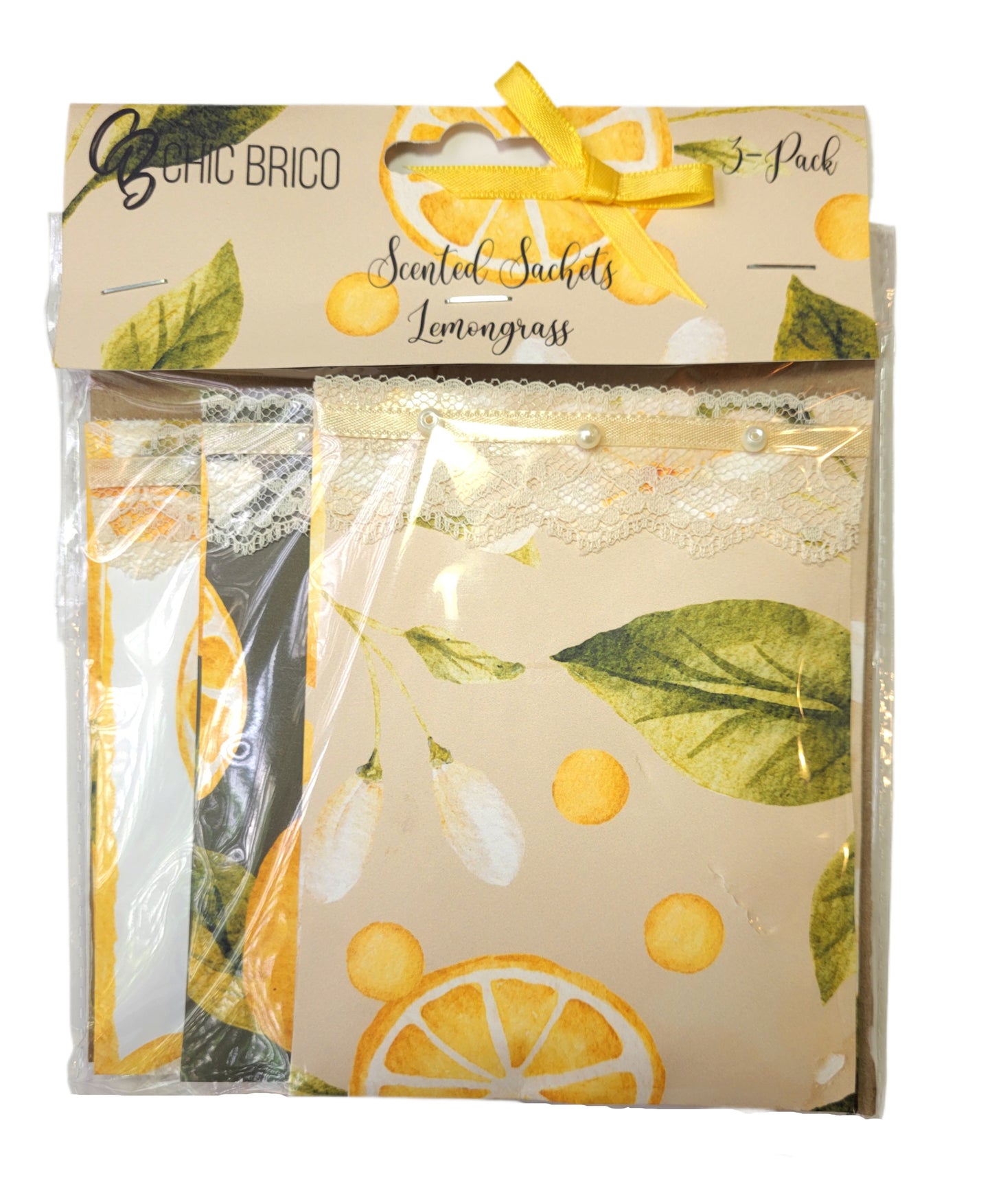 Pearls & Lace Lemongrass Scented Drawer, Closet & Car Sachets, Large Size 4" x 5", 3-Pack - Chic Brico