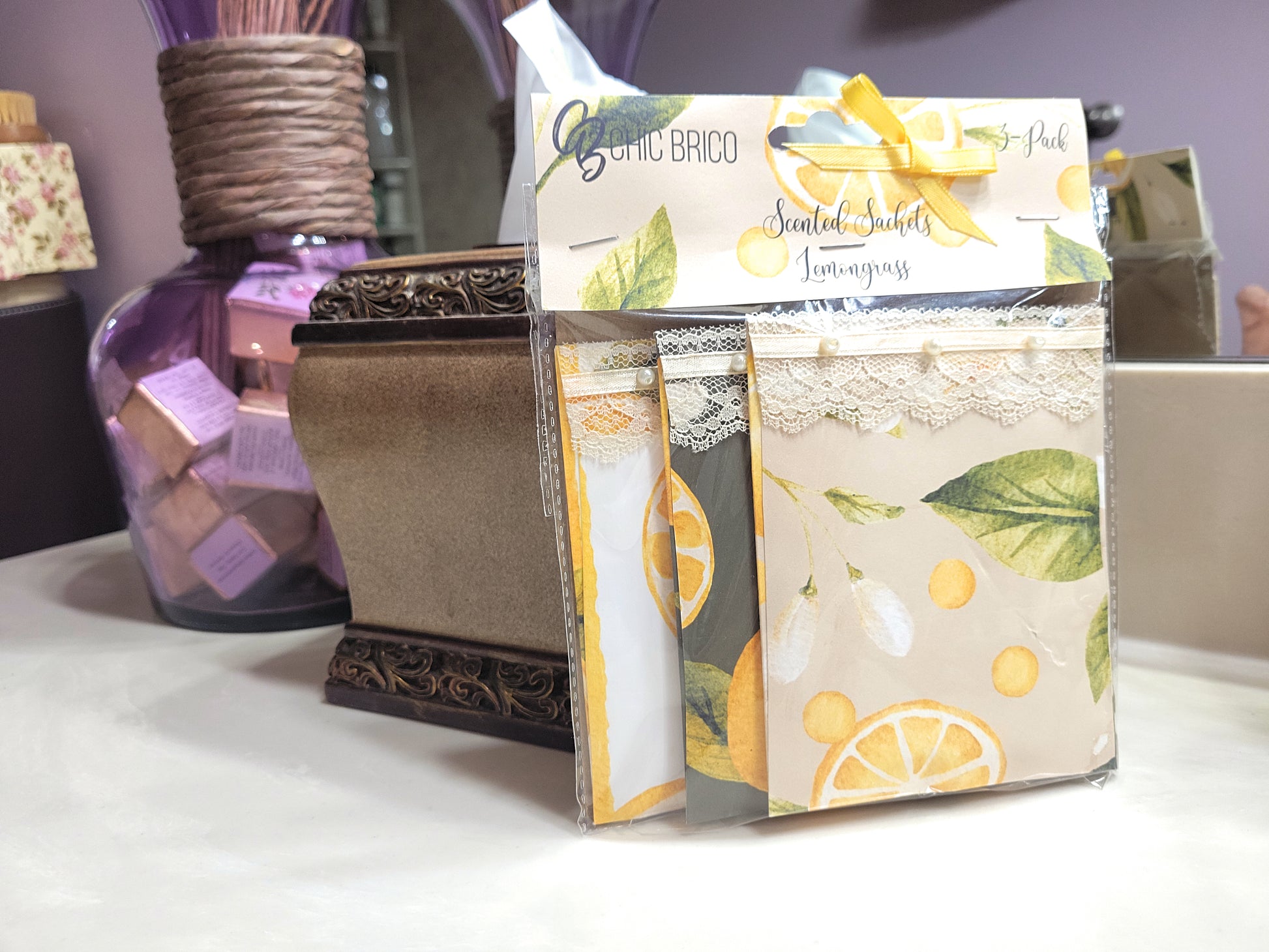 Pearls & Lace Lemongrass Scented Drawer, Closet & Car Sachets, Large Size 4" x 5", 3-Pack - Chic Brico