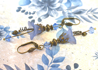 Vintage Victorian Style Dusty Denim Blue and Antique Bronze Bell Flower Lucite Earrings - Chic Brico