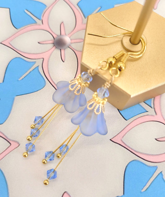 Light Sapphire Powder Blue and Gold Bell Flower Earrings - Chic Brico