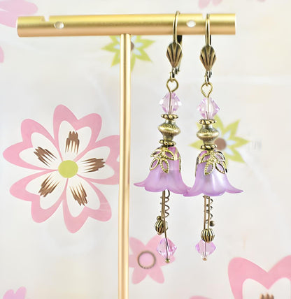 Vintage Victorian Style Lilac and Antique Bronze Bell Flower Lucite Earrings - Chic Brico
