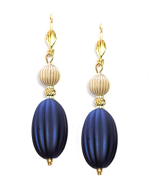 Navy Blue, Ivory and Gold Puffed Oval Dangle Silicone Statement Earrings - Chic Brico
