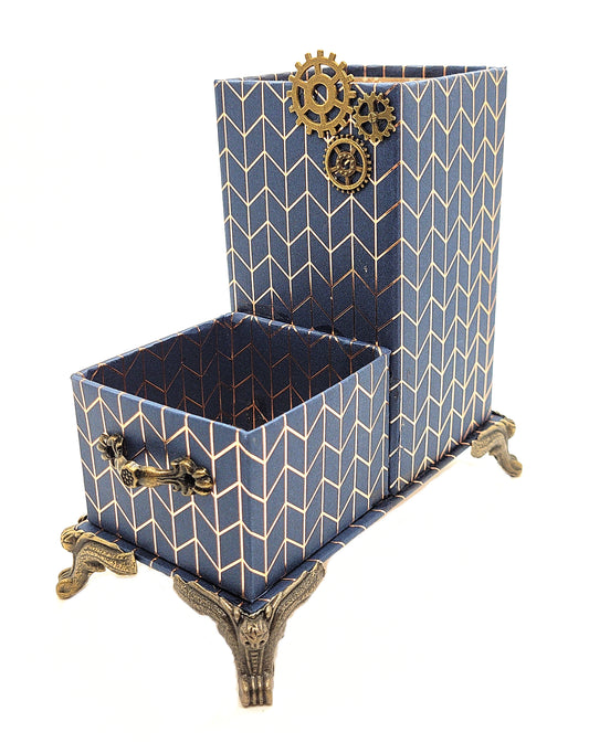 Office Desktop Organizer for Him for Pens and Clips w/Antique Key Accent - Navy Blue and Gold Geometric - Chic Brico