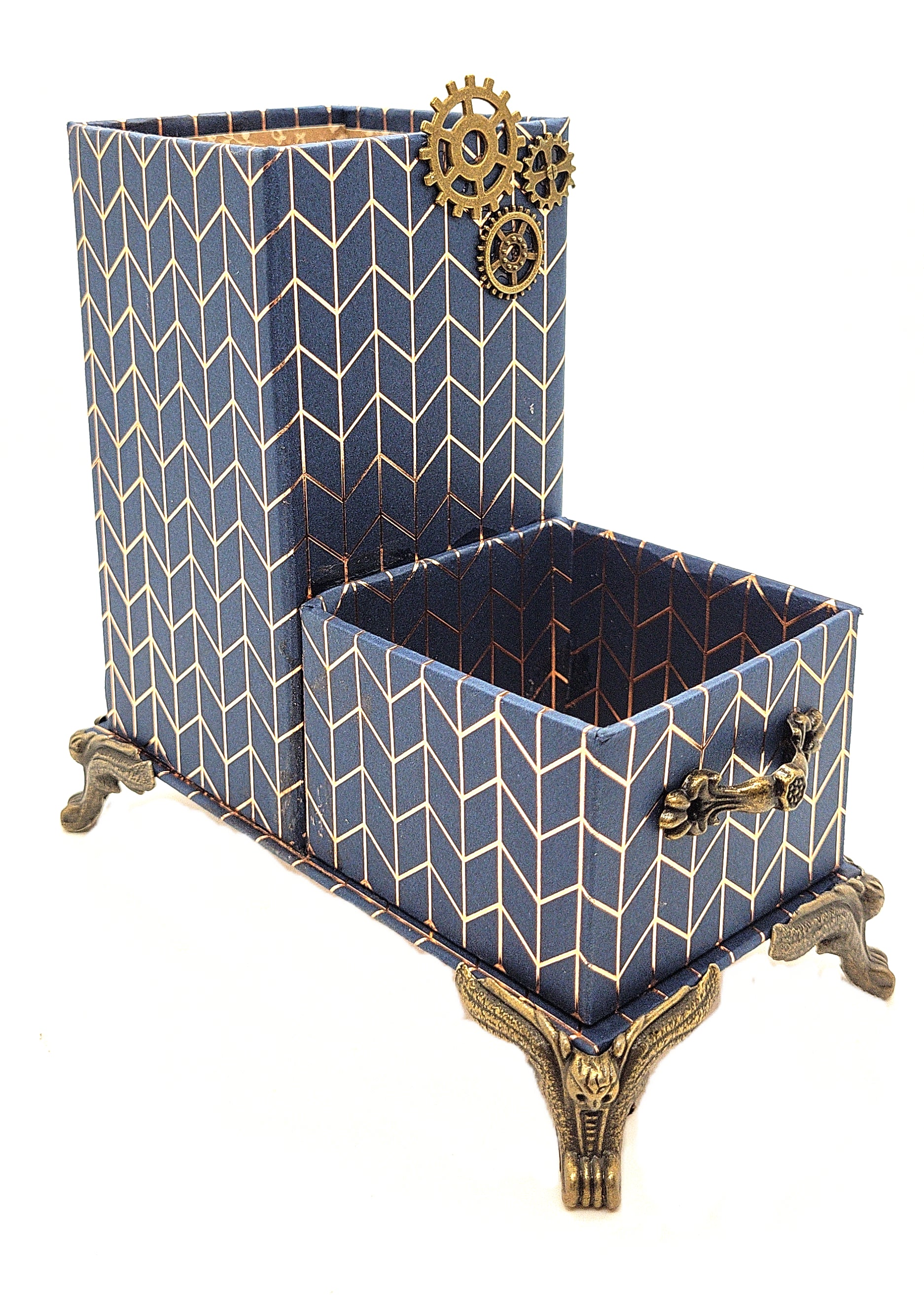 Office Desktop Organizer for Him for Pens and Clips w/Antique Key Accent - Navy Blue and Gold Geometric - Chic Brico