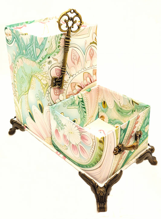 Desktop Organizer for Pens and Clips w/Antique Key Accent - Pink and Green Waves - Chic Brico