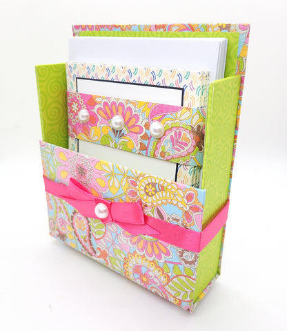 42-Pc Stationery Gift Box Set w/Reusable Desktop Organizer Box and Gold Pen - Pink, Orange & Yellow Paisley - Chic Brico