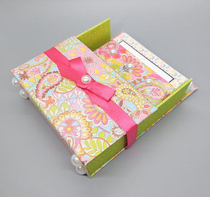 42-Pc Stationery Gift Box Set w/Reusable Desktop Organizer Box and Gold Pen - Pink, Orange & Yellow Paisley - Chic Brico