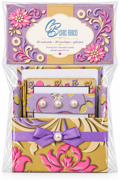 Lavender Whimsy Boxed Stationery Set – 20 Notecards, 20 Envelopes & Gold Pen