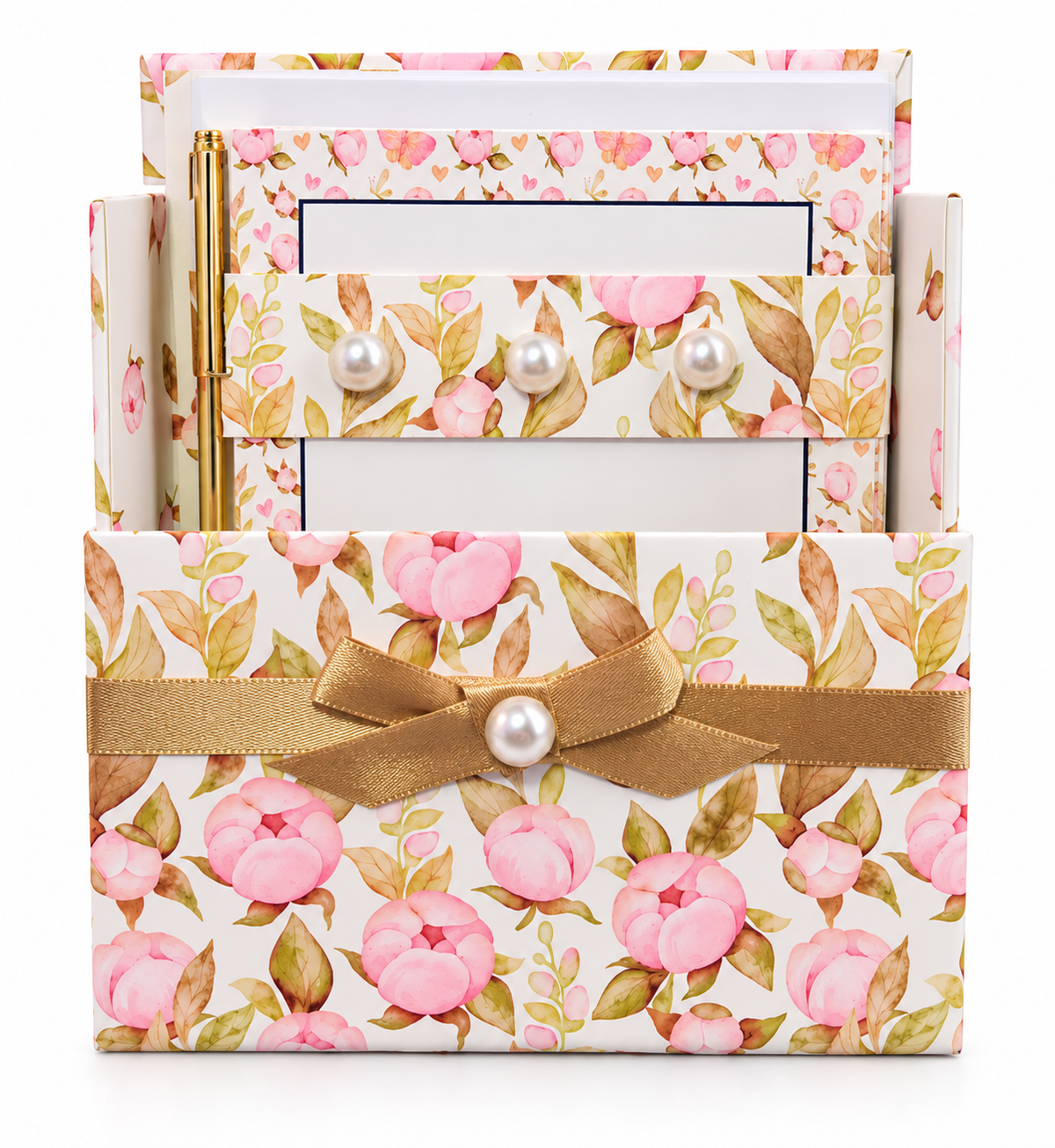 Golden Blush Magnolias Boxed Stationery Set – 20 Notecards, 20 Envelopes & Gold Pen